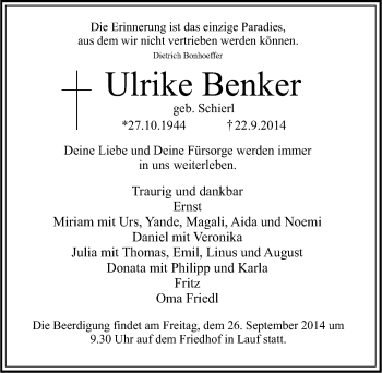 Traueranzeige von Ulrike Benker von Pegnitz-Zeitung